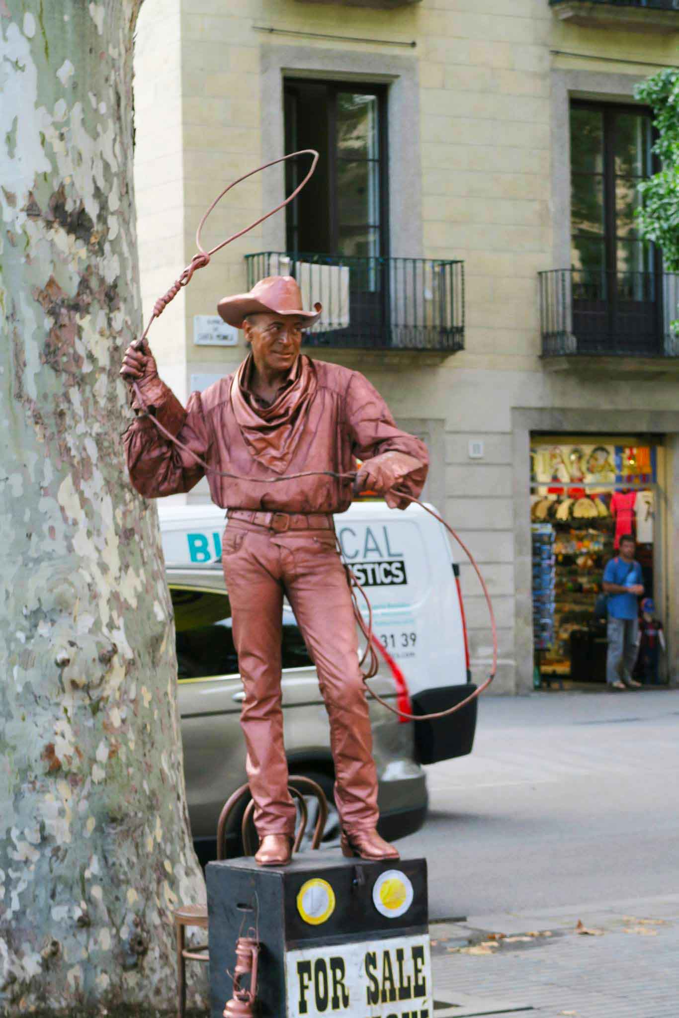cowboy statue in La Rambla in Barcelona, Spain