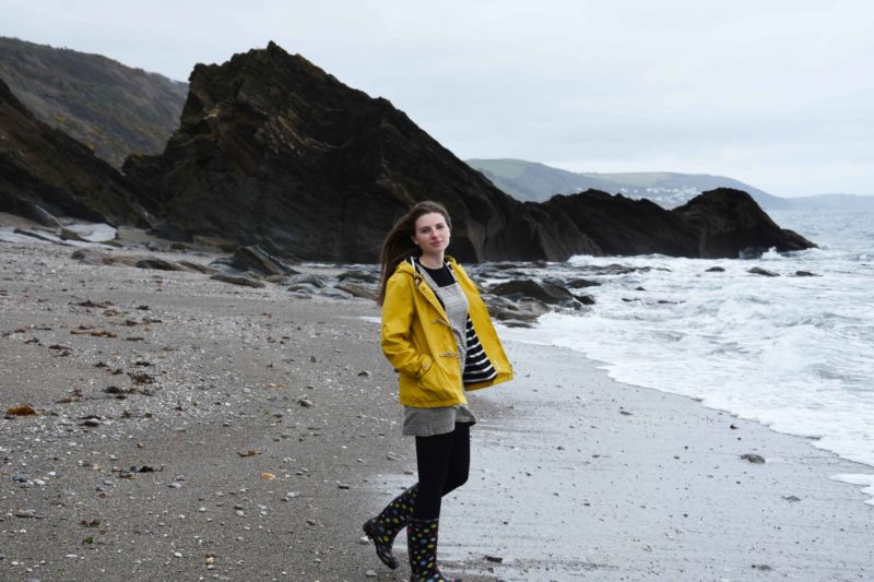 yellow seasalt sea folly jacket and wellies worn by melissa carne in cornwall