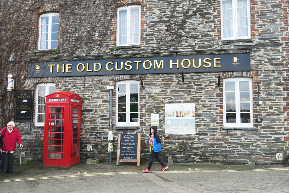 padstow the old custom house and red telephone box