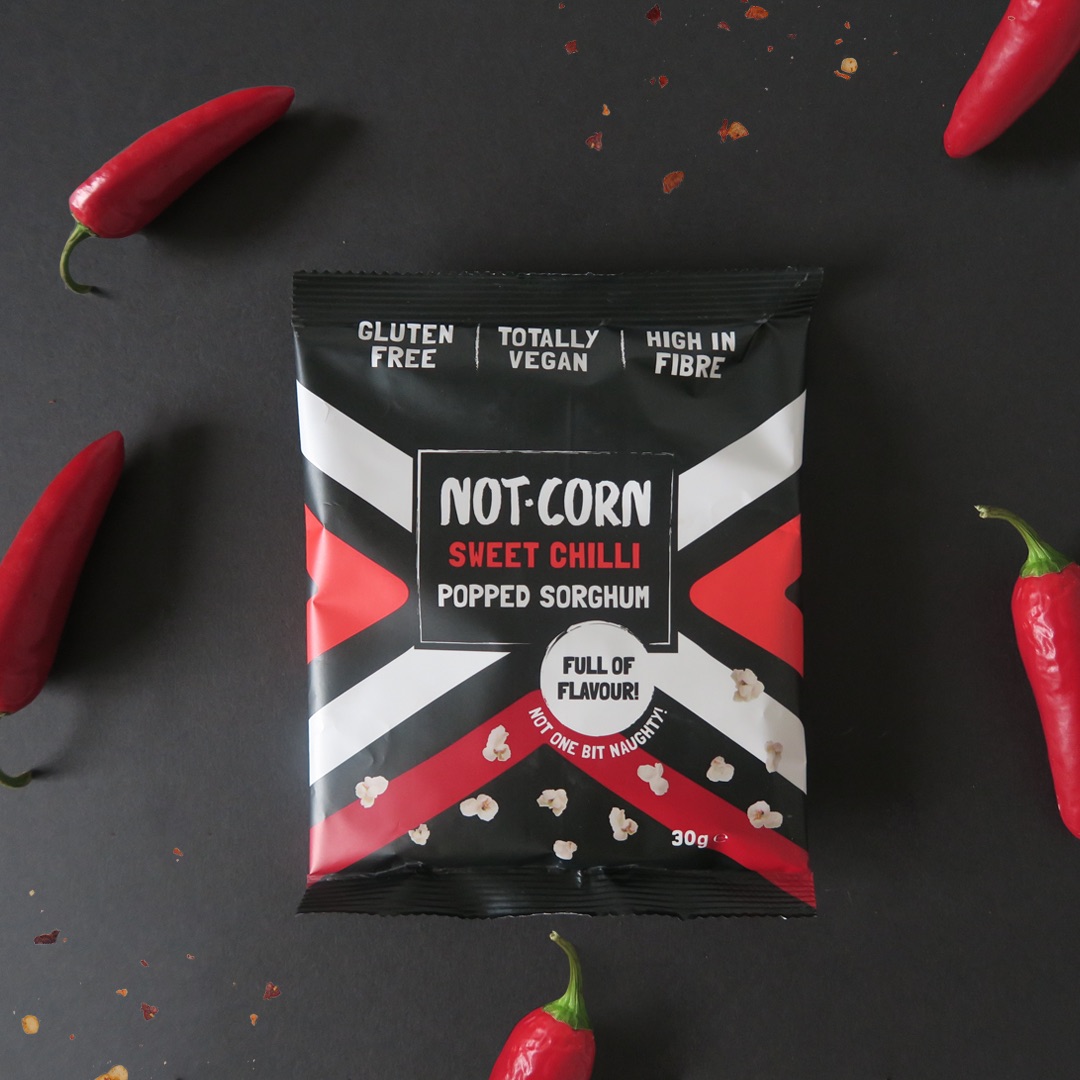 not.corn sweet chilli packaging designer by freelance graphic designer in cornwall