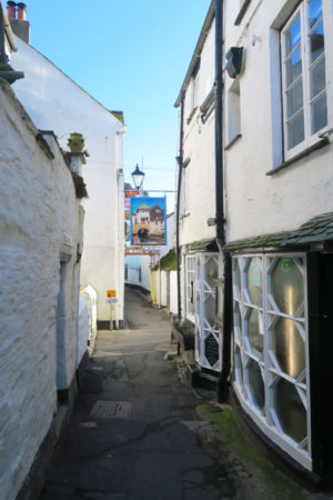 street in polperro fishing village in cornwall