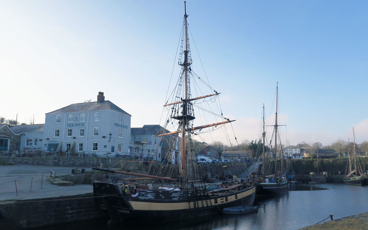 tall ship in charlestown harbour in cornwall