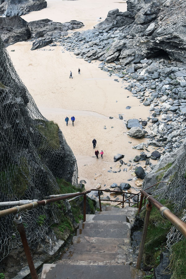 bedruthan steps down to beach in cornwall
