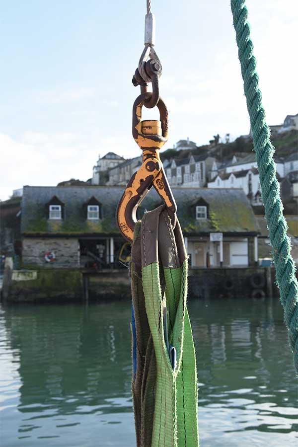 fishing hook in mevagissey harbour in cornwall, uk