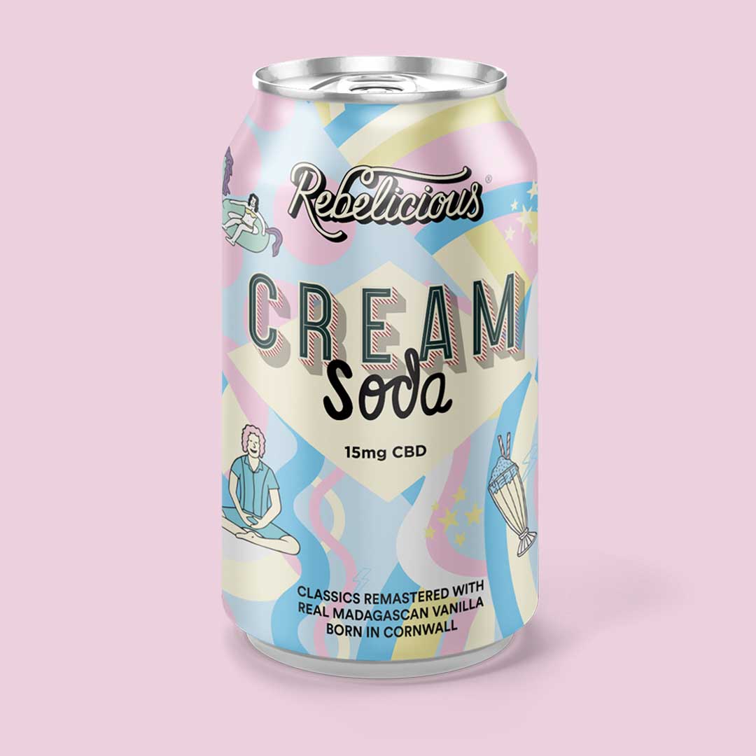 rebelicious cbd infused cream soda can packaging