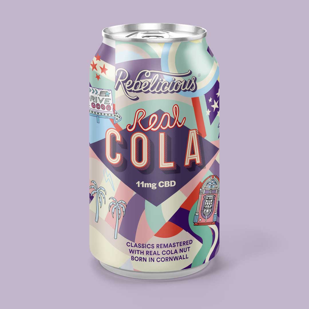 rebelicious cbd infused real cola can packaging
